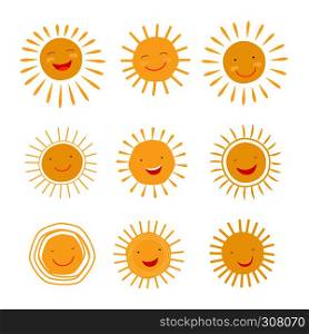 Cute hand drawn sun character smiling and shining. Vector icons collection.. Cute hand drawn sun character vector collection