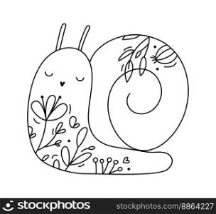Cute hand drawn vector baby snail line spring with line berries, branches, flower texture. Icon outline illustration for greeting card baby, web design, invitation.. Cute hand drawn vector baby snail line spring with line berries, branches, flower texture. Icon outline illustration for greeting card baby, web design, invitation