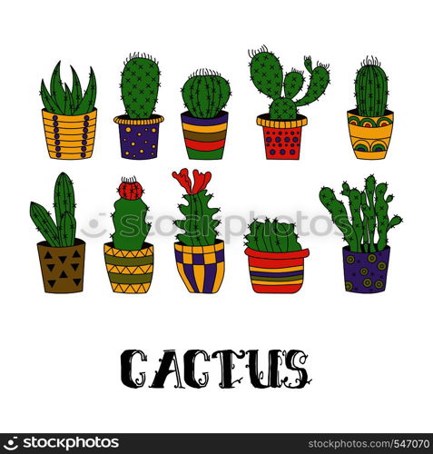 Cute hand drawn vector cactuses in Flower pots.
