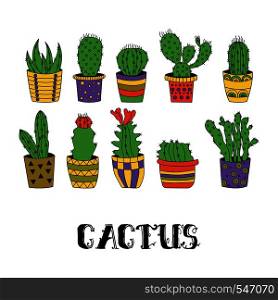 Cute hand drawn vector cactuses in Flower pots.