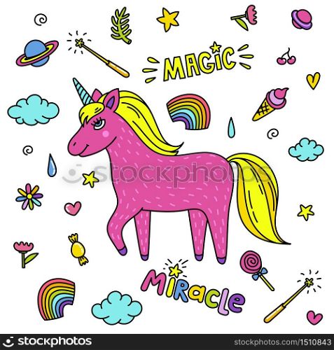 Cute handdrawn unicorn. Pink unicorn and magic stuff. Miracle and magic creature. Vector illustration.. Cute handdrawn unicorn. Pink unicorn and magic stuff. Miracle and magic creature.