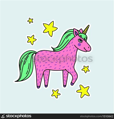 Cute handdrawn unicorn. Pink unicorn with stars. Vector illustration perfect for stickers and badges.. Cute handdrawn unicorn.