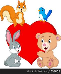 Cute happy animals with red heart