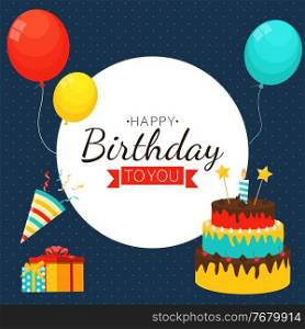 Cute Happy Birthday Background with Gift Box, Cake and Candles. Design Element for Party Invitation, Congratulation. Vector Illustration. Cute Happy Birthday Background with Gift Box, Cake and Candles. Design Element for Party Invitation, Congratulation. Vector Illustration EPS10