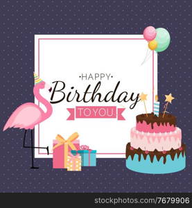 Cute Happy Birthday Background with PInk Flamingo, Cake and Candles. Design Element for Party Invitation, Congratulation. Vector Illustration. Cute Happy Birthday Background with PInk Flamingo, Cake and Candles. Design Element for Party Invitation, Congratulation. Vector Illustration EPS10