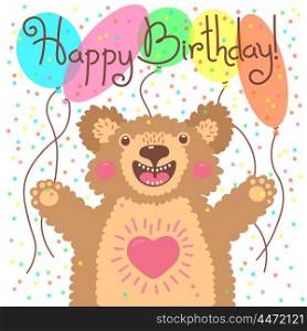 Cute happy birthday card with funny bear.. Cute happy birthday card with funny bear. Vector illustration