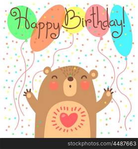 Cute happy birthday card with funny bear.. Cute happy birthday card with funny bear. Vector illustration