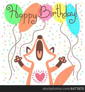 Cute happy birthday card with funny fox.. Cute happy birthday card with funny fox. Vector illustration