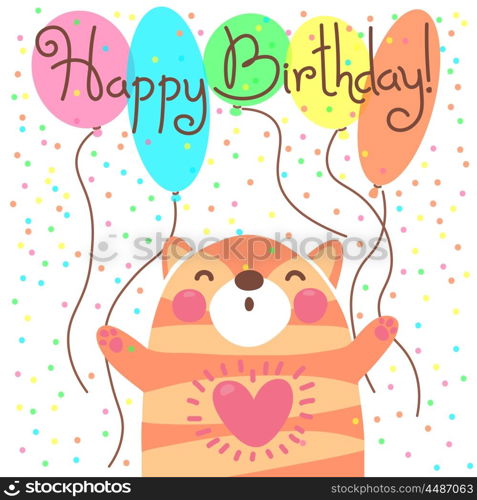Cute happy birthday card with funny kitten.. Cute happy birthday card with funny kitten. Vector illustration