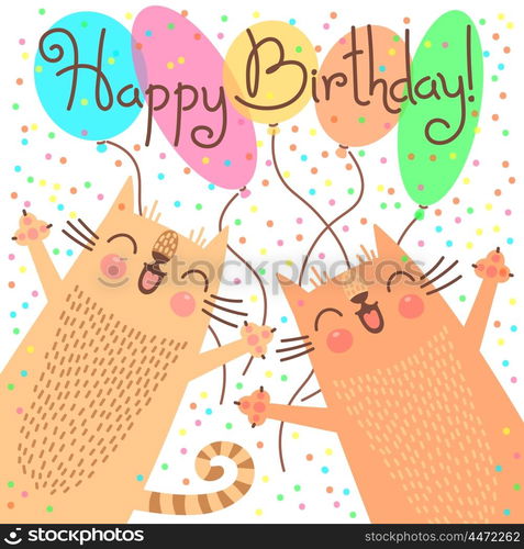 Cute happy birthday card with funny kittens.. Cute happy birthday card with funny kittens. Vector illustration