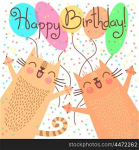 Cute happy birthday card with funny kittens.. Cute happy birthday card with funny kittens. Vector illustration