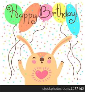Cute happy birthday card with funny leveret.. Cute happy birthday card with funny leveret. Vector illustration