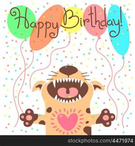 Cute happy birthday card with funny puppy.. Cute happy birthday card with funny puppy. Vector illustration