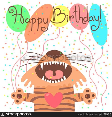 Cute happy birthday card with funny tiger.. Cute happy birthday card with funny tiger. Vector illustration