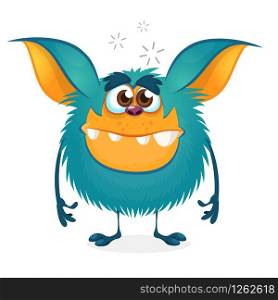Cute happy blue cartoon monster. Halloween vector illustration