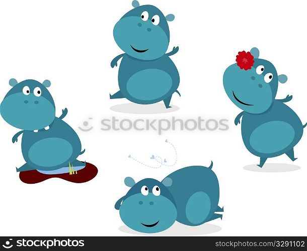 Cute happy blue hippopotamus in four poses
