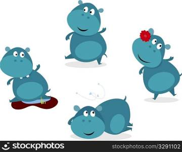 Cute happy blue hippopotamus in four poses