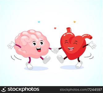 Cute happy brain and heart dancing together. Logic and feel concept, illustration.
