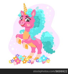 Cute happy bright pink unicorn with turquoise mane. Vector illustration in cartoon style for printing and decor kids clothes, fabrics, souvenirs, stickers. Isolated character on white background.. Cute cartoon character bright pink unicorn vector Illustration