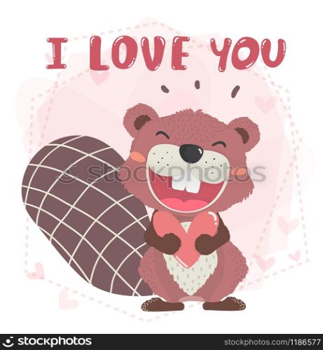 cute happy brown autumn beaver open mouth smile, holding a heart with I love