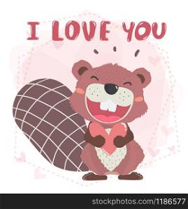 cute happy brown autumn beaver open mouth smile, holding a heart with I love