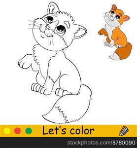 Cute happy cartoon cat character. Coloring book page with color template for children. Vector cartoon illustration isolated on white background. For coloring book, education, print, game.. Cute happy cartoon cat coloring with template