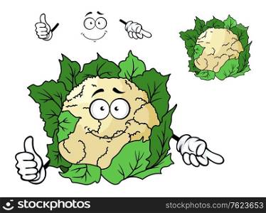 Cute happy cartoon cauliflower with bright green leaves and a smiling face, isolated on white