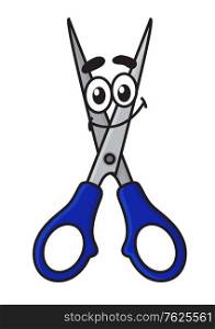 Cute happy cartoon character of sharp scissors with smiley face and big eyes isolated on white. Cute cartoon character of sharp scissors
