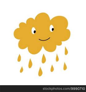 Cute happy cartoon cloud with rain drops isolated on white background. Kids image for greeting card or poster, holiday banner, scrapbook.. Cute happy cartoon cloud with rain drops isolated on white background. Kids image for greeting card or poster, holiday banner, scrapbook
