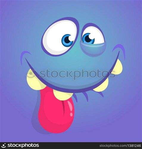 Cute happy cartoon monster face with big eyes showing tongue. Vector Halloween blue monster
