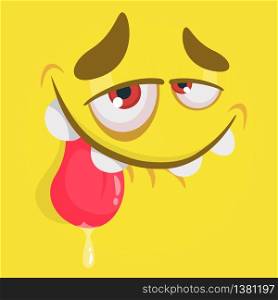 Cute happy cartoon monster face with big eyes showing tongue. Vector Halloween yellow monster