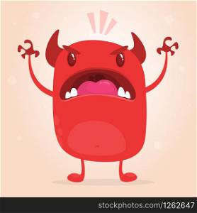 Cute happy cartoon monster. Vector illustration of red monster mascot