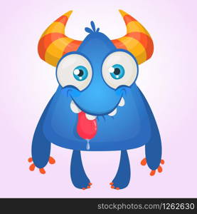 Cute happy cartoon monster with horns. Smiling monster with big mouth and long tongue. Halloween vector illustration