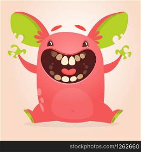 Cute happy cartoon red monster with big ears laughing. Halloween vector illustration.
