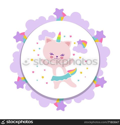 Cute happy cat banner design. Cartoon kitten with stars and rainbow isolated on white. Vector illustration. Cute happy cat banner design. Cartoon kitten with stars and rainbow
