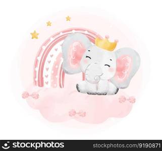 cute happy cheerful smile baby pink elephant girl and boho rainbow on pink cloud, adorable nursery birthday wildlife animal watercolur cartoon illustration