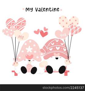 Cute happy couple two Gnomes holding hand in love, sweet Valentine Gnome, cartoon flat vector