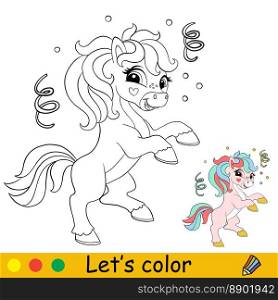 Cute happy dancing unicorn. Kids coloring book page with color template. Vector cartoon illustration. Educational work page. For kids coloring, postcard, print, design, decor, tattoo, game and puzzle. Kids coloring cartoon unicorn character vector illustration 1