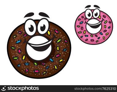 Cute happy doughnuts with smiling faces decorated with colorful sprinkles in chocolate and pink icing, cartoon style. Cute happy doughnuts