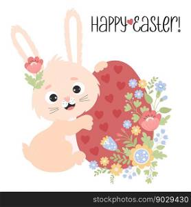 Cute happy easter bunny with easter egg and flowers. Vector illustration