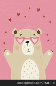Cute happy enamored bear in glasses with hearts on pink decorative background. Vector illustration. Valentine vertical poster For design, room decor, valentines day greeting cards, kids collection