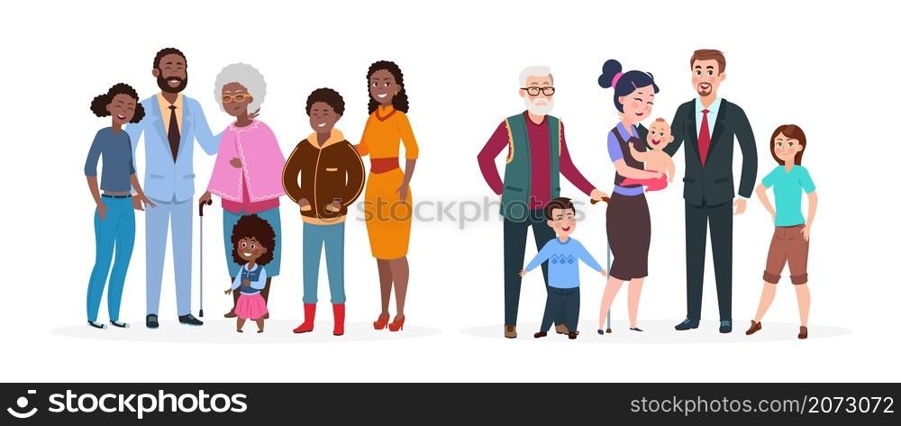 Cute happy family. Afroamerican european parents, grandparents children. Isolated cartoon mother father toddlers vector set. Illustration grandmother and grandfather with family. Cute happy family. Afroamerican european parents, grandparents children. Isolated cartoon mother father toddlers vector set
