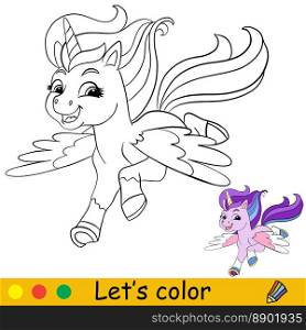 Cute happy flying unicorn. Kids coloring book page with color template. Vector cartoon illustration. Educational work page. For kids coloring, postcard, print, design, decor, tattoo, game and puzzle. Kids coloring cartoon unicorn character vector illustration 8