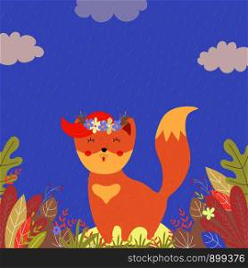 Cute happy fox in flower wreath with ginger forelock and stand with closed eyes among plants and leaves on field in rainy autum fall day, Cartoon flat hand drawn scandinavian illustration. happy fox in flower wreath with ginger forelock