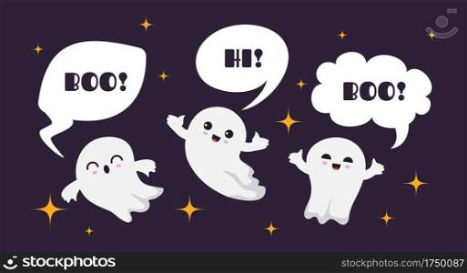 Cute happy ghosts. Flat ghost vector character. Halloween boo background. Illustration ghost halloween say hi and boo, autumn ghostly. Cute happy ghosts. Flat ghost vector character. Halloween boo background