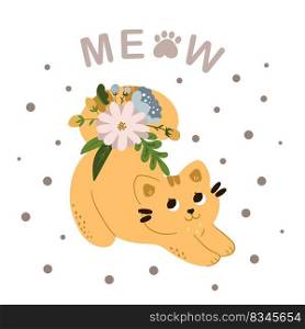 Cute happy ginger cat stretches in flowers. Children s illustrations. Flat cartoon style for baby shower, baby store, books