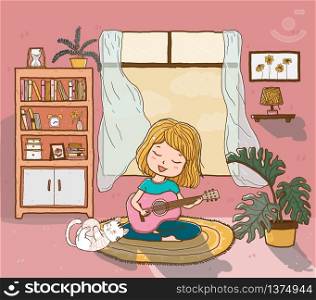 cute happy girl plays guitar on rug with a playful fluffy cat in sun lighted living room, outline doodle drawing flat vector