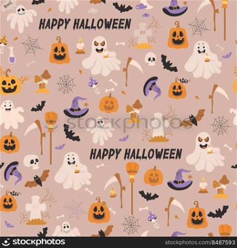 Cute happy Halloween background. Seamless pattern with lantern Jack pumpkin, ghost with candle, bats, scythe and broom, cobweb and witch hat with spider on gray background. Vector illustration