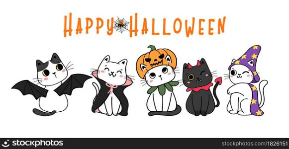 cute Happy Halloween banner funny kitten cat costume cartoon flat vector illustration