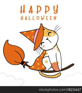 cute Happy Halloween kitten cat costume,Trick or Treat with spider, doodle flat vector illustration idea for greeting card, kid Tshirt